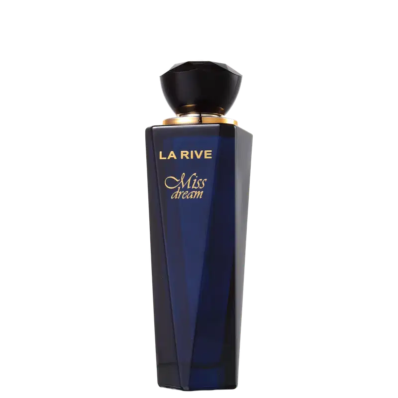 Perfume em frasco de vidro azul escuro com tampa preta. A embalagem tem formato retangular alongado. Na parte frontal do frasco, está escrito "La Rive" em letras douradas e "Miss dream" em letras cursivas douradas abaixo.