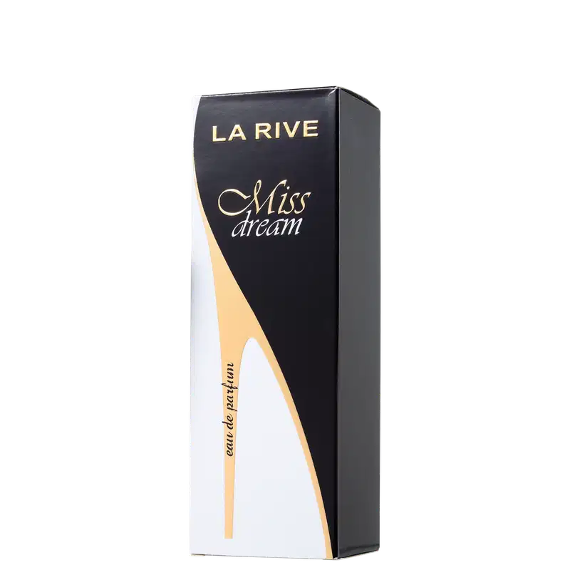 Caixa retangular preta para perfume Miss Dream da marca La Rive. O design é minimalista, com foco nos elementos textuais e no contraste entre as cores preta, dourada e bege.