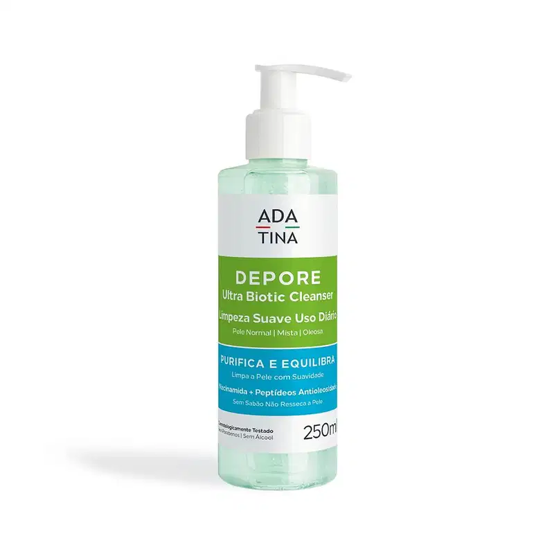 Frasco de limpeza facial da marca Adatina, com bomba dosadora, em tonalidade verde clara. O rótulo indica que se trata de um limpador ultra-biônico para pele normal a oleosa, com fórmula que purifica e equilibra a pele.