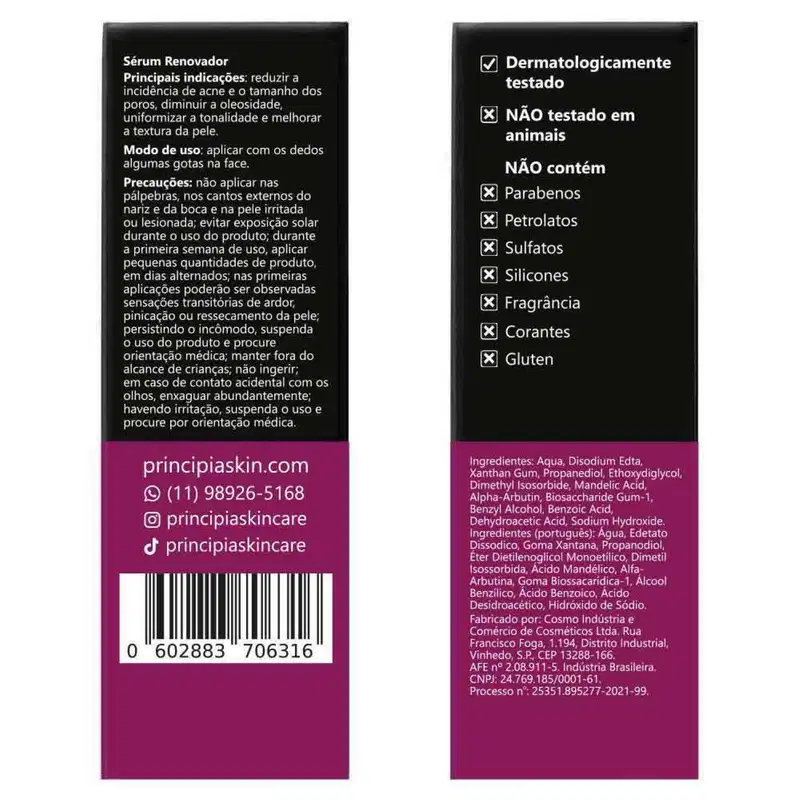 Frasco de vidro âmbar com conta-gotas preto contendo sérum facial da marca Principia, com rótulo indicando 10% de ácido mandélico e 1% de alfa-arbutina, para tratamento de acne, oleosidade e poros dilatados.