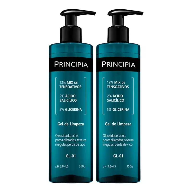 Dois frascos de gel de limpeza Principia, com 350g cada, em embalagem preta e azul-esverdeada. Apresentam rótulos com informações sobre a composição do produto, incluindo 13% de tensoativos, 2% de ácido salicílico e 5% de glicerina.