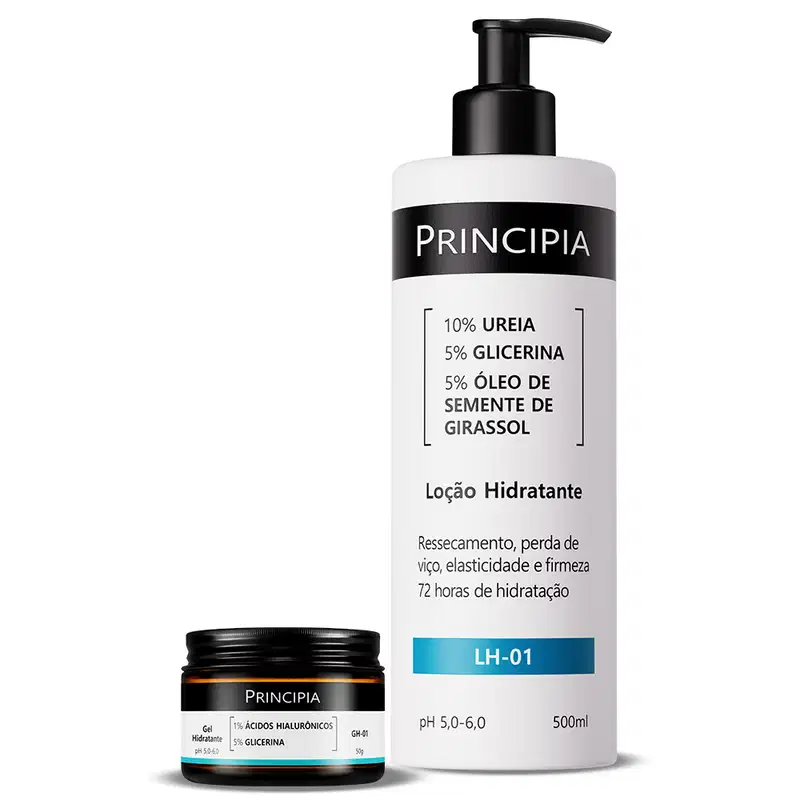 Dois produtos da marca Principia: um frasco de loção hidratante com 500ml e um pote de gel hidratante com 1% de ácidos hialurônicos e 5% de glicerina. Ambos os produtos apresentam embalagens com design minimalista em preto e branco.