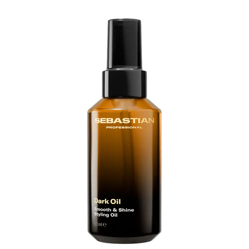 Frasco de óleo escuro da marca Sebastian Professional, com rótulo em preto e dourado, contendo "Dark Oil Smooth & Shine Styling Oil" como descrição do produto.