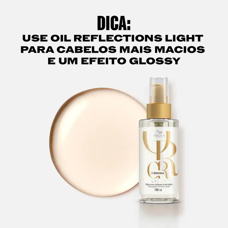 Frasco de 30 ml do produto Wella Professionals Oil Reflections Light, um óleo para reflexos luminosos, com embalagem em tons de bege e branco.