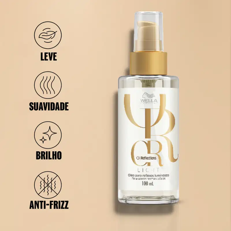 Frasco de 30 ml do produto Wella Professionals Oil Reflections Light, um óleo para reflexos luminosos, com embalagem em tons de bege e branco.