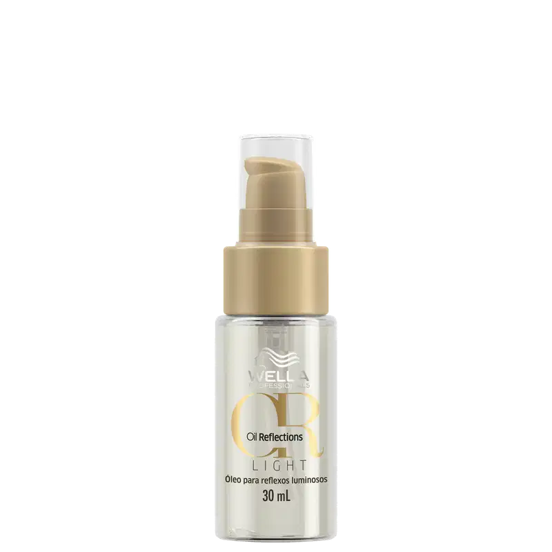 Frasco de 30 ml do produto Wella Professionals Oil Reflections Light, um óleo para reflexos luminosos, com embalagem em tons de bege e branco.