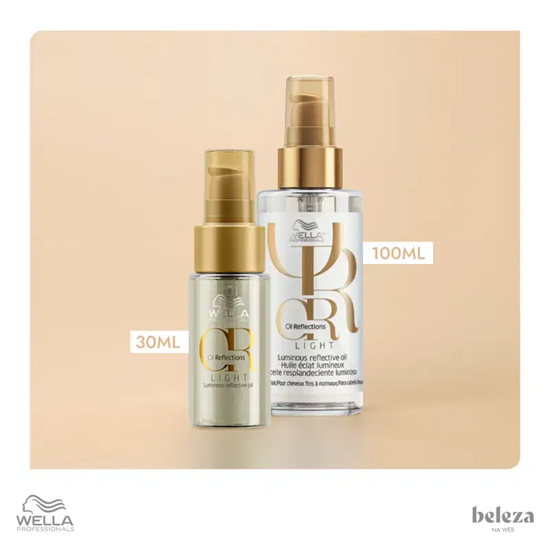 Frasco de 30 ml do produto Wella Professionals Oil Reflections Light, um óleo para reflexos luminosos, com embalagem em tons de bege e branco.