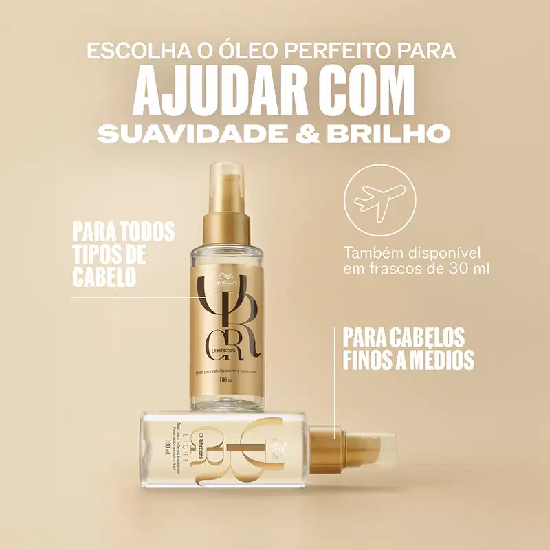 Frasco de 30 ml do produto Wella Professionals Oil Reflections Light, um óleo para reflexos luminosos, com embalagem em tons de bege e branco.