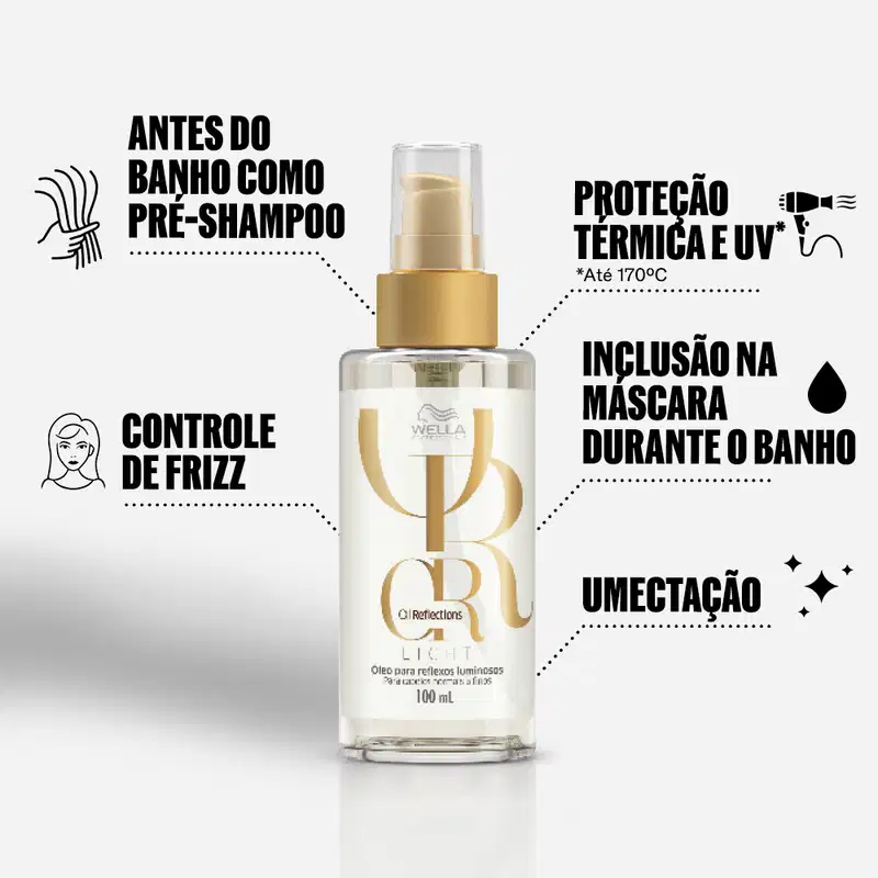 Frasco de 30 ml do produto Wella Professionals Oil Reflections Light, um óleo para reflexos luminosos, com embalagem em tons de bege e branco.