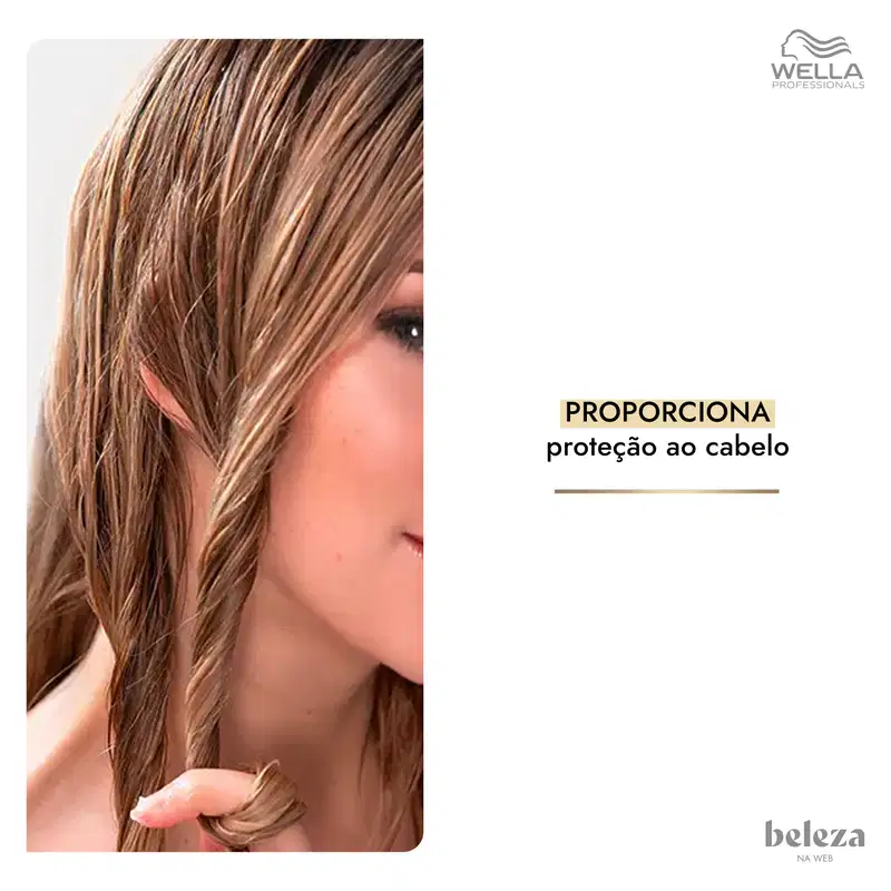A imagem mostra um produto da marca Wella Professionals. O produto é apresentado em uma embalagem com fundo branco e detalhes em dourado, destacando sua proposta de proteção para os cabelos.