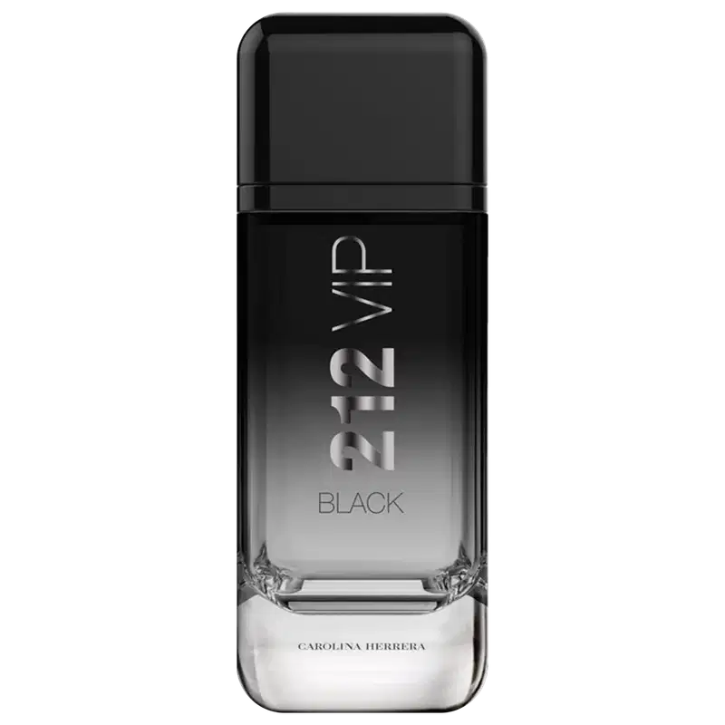 Frasco retangular de vidro transparente com detalhes pretos. Tampão preto fosco na parte superior. Rótulo preto com o nome "212 VIP BLACK" em letras prateadas gravadas. Na base, inscrição "CAROLINA HERRERA" em letras prateadas.