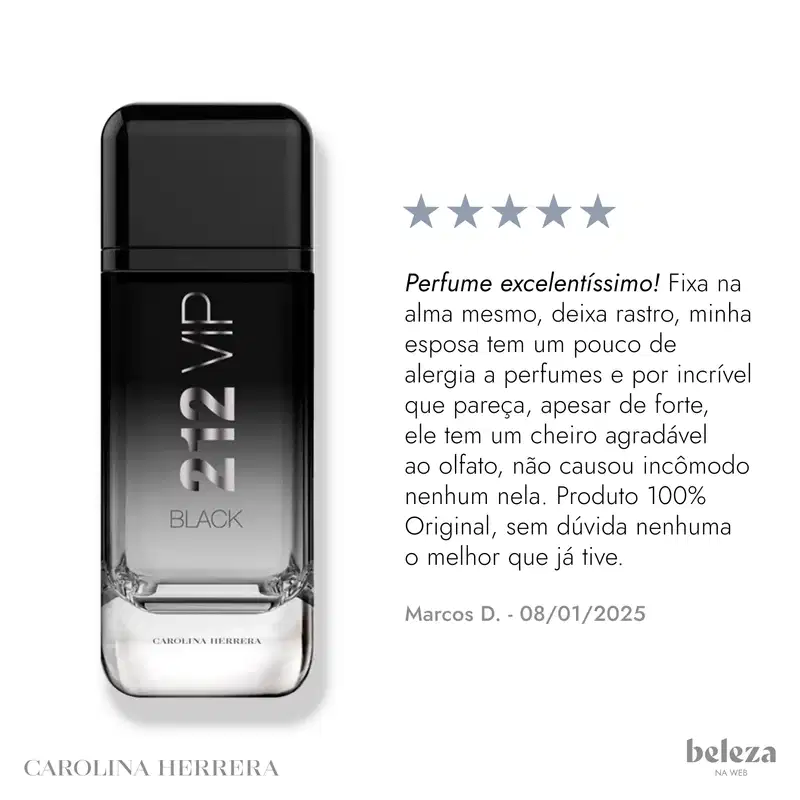 Frasco retangular de vidro transparente com detalhes pretos. Tampão preto fosco na parte superior. Rótulo preto com o nome "212 VIP BLACK" em letras prateadas gravadas. Na base, inscrição "CAROLINA HERRERA" em letras prateadas.