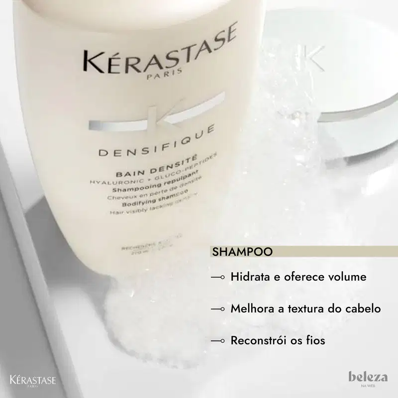 Dois produtos da marca Kérastase Paris: um frasco de shampoo Bain Densite de 250ml e um pote de máscara Densifique de 200g, ambos com embalagens brancas e detalhes em prata.