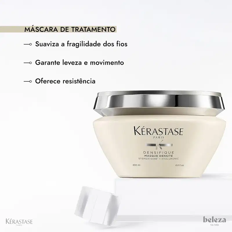 Dois produtos da marca Kérastase Paris: um frasco de shampoo Bain Densite de 250ml e um pote de máscara Densifique de 200g, ambos com embalagens brancas e detalhes em prata.