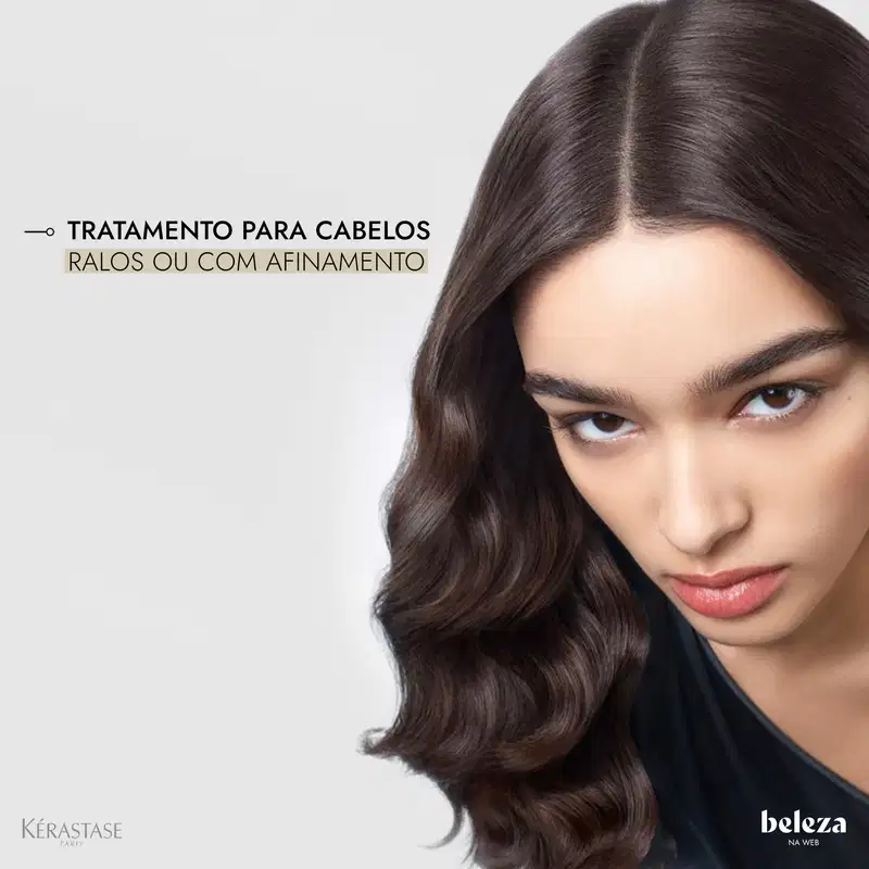 Dois produtos da marca Kérastase Paris: um frasco de shampoo Bain Densite de 250ml e um pote de máscara Densifique de 200g, ambos com embalagens brancas e detalhes em prata.