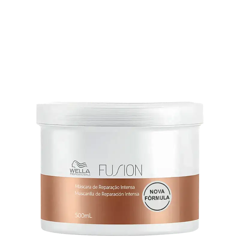 Frasco branco de 500 mL da máscara de reparação intensa da linha Fusion da Wella Professionals, com rótulo destacando a nova fórmula do produto.