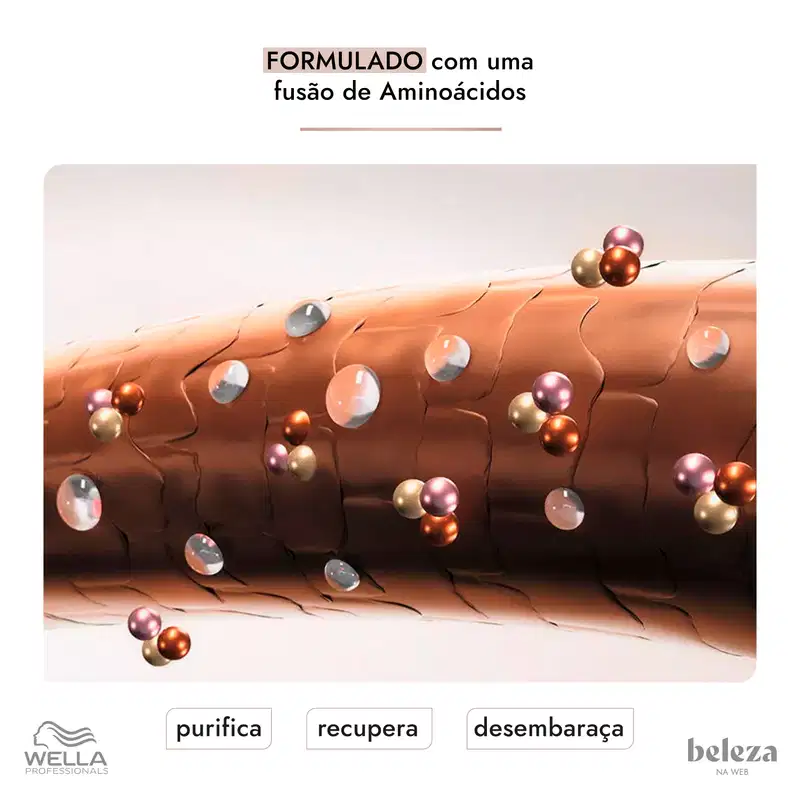 O produto de beleza da marca Wella Professionals é apresentado em um cenário com texturas e esferas coloridas, sugerindo uma fórmula com uma fusão de aminoácidos que purifica, recupera e desembaraça os cabelos.