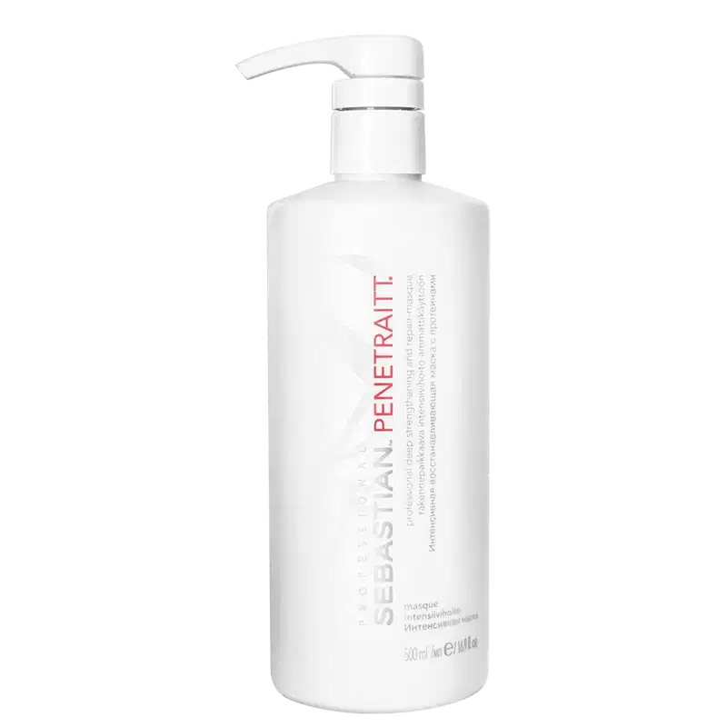 Frasco branco com bomba dosadora contendo produto para tratamento capilar da marca Sebastian Professional. Rótulo com o nome "Sebastian Penetraitt" e informações sobre o produto.