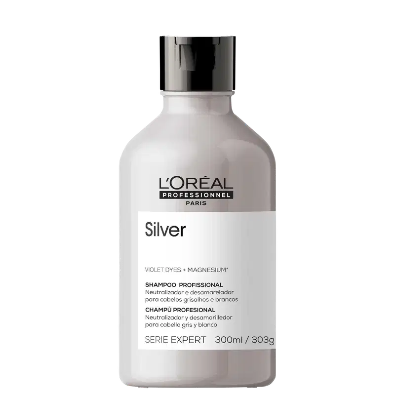 Frasco branco de shampoo profissional da L'Oréal Professionnel, série Expert, com rótulo preto e branco indicando o produto "Silver" com violeta e magnésio.