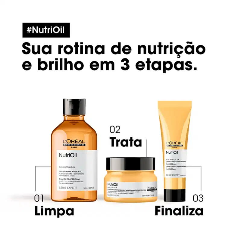 Produtos de cuidados capilares L'Oréal Professionnel, incluindo um frasco de shampoo, um pote de tratamento e um tubo de creme. O fundo é branco, com texto descrevendo 3 etapas do tratamento: Limpa, Trata e Finaliza. 