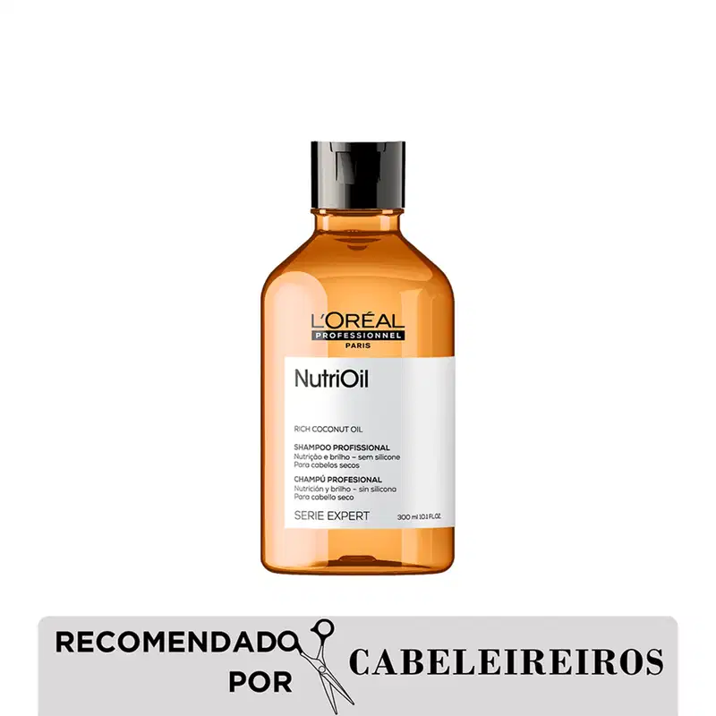 Frasco de shampoo da marca L'Oréal Professionnel, da linha NutriOil, com rótulo em inglês e espanhol. O produto é apresentado em embalagem de vidro âmbar com tampa preta, em um ambiente com fundo branco.