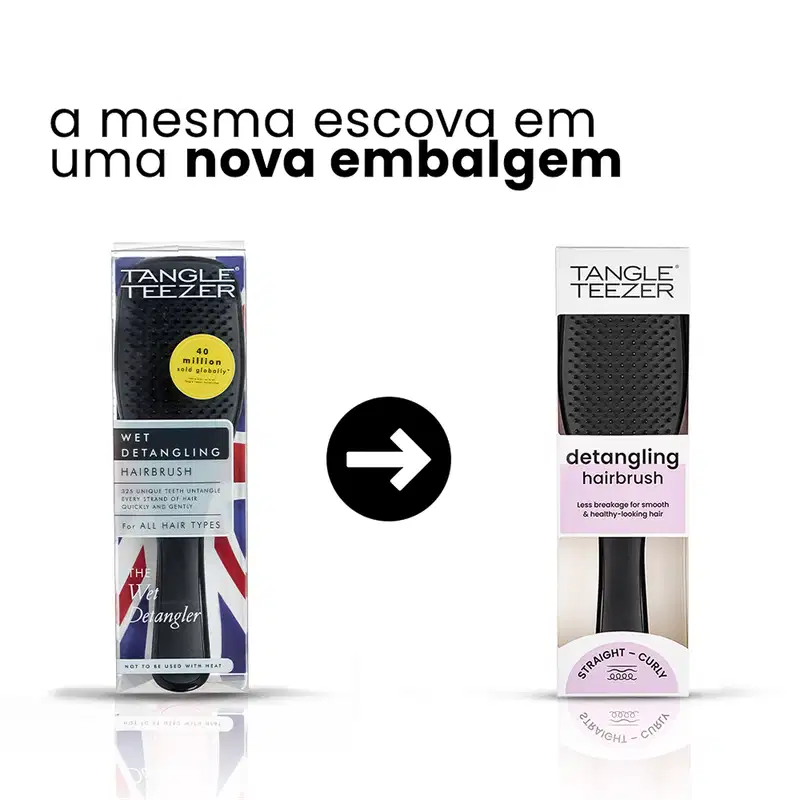 Escova de cabelo preta da marca Tangle Teezer, com design ergonômico e superfície ponteada para facilitar o desembaraço dos fios.