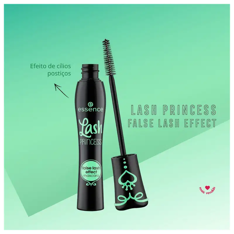 "Lash Princess False Lash Effect". A imagem também destaca o "Efeito de cílios postiços" como característica principal. As cores predominantes são preto e verde.