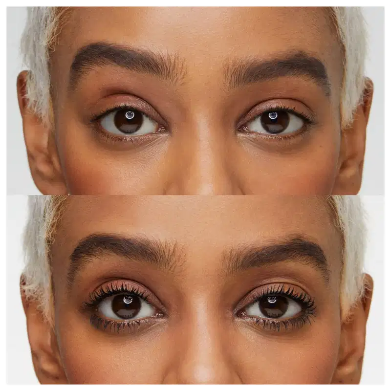 Esta imagem mostra um close-up dos olhos e sobrancelhas de uma pessoa. na parte inferior com a máscara de cílios e na parte superior sem a máscara.