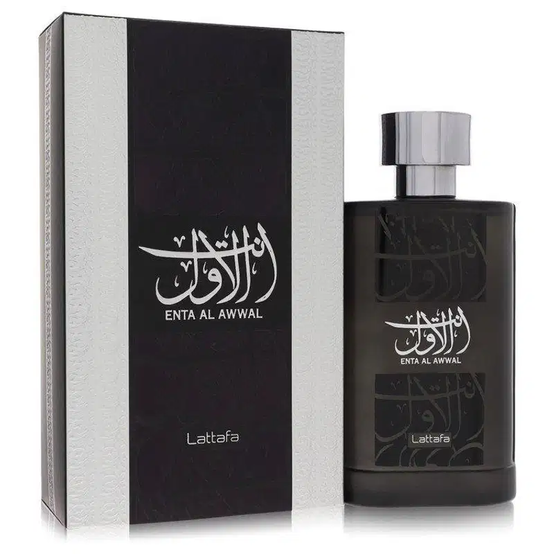 Frasco de perfume da marca Lattafa Perfumes, com embalagem preta e prata, exibindo o nome "Enta Al Awwal" em árabe e inglês. O produto possui um design elegante e minimalista, com informações sobre a marca claramente visíveis.