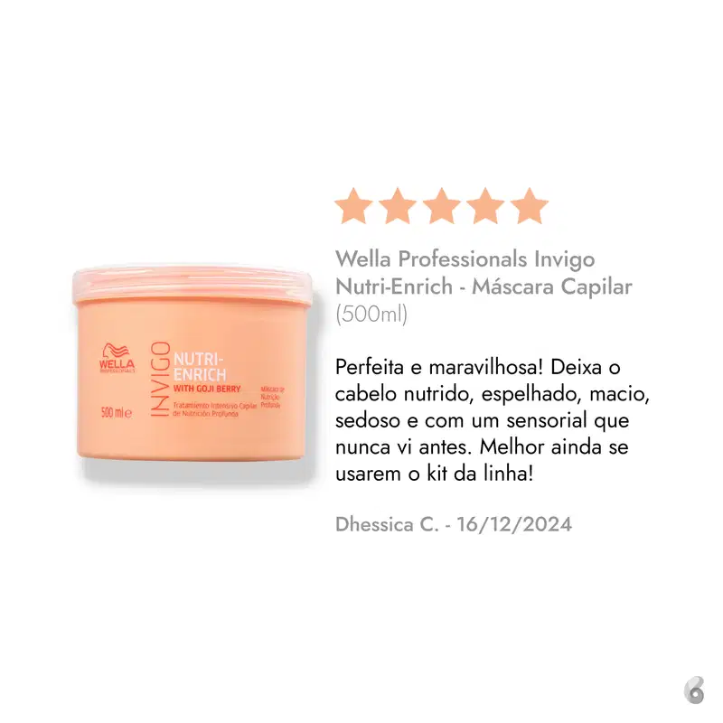 A imagem destaca a opinião de uma cliente sobre a máscara Nutri-Enrich: Perfeita e maravilhosa! Deixa o cabelo nutrido, espelhado, macio, sedoso e com um sensorial que nunca vi antes. Melhor ainda se usarem o kit da linha!