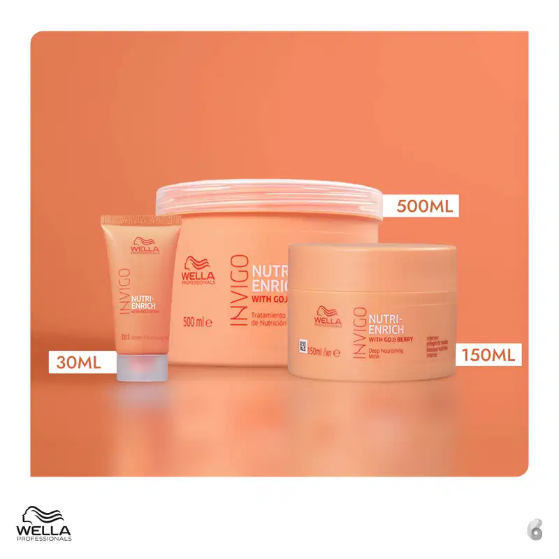 A imagem mostra a máscara Wella Professionals Invigo Nutri-Enrich, com embalagens em tons de laranja, apresentando diferentes tamanhos e volumes, em um fundo laranja vibrante.