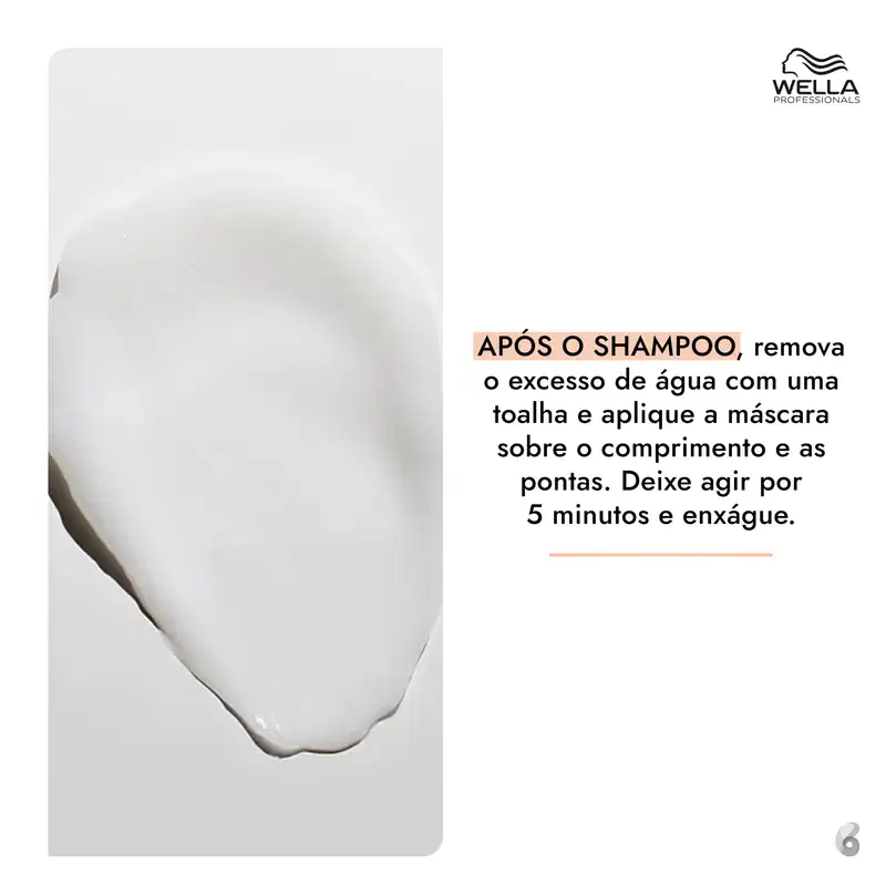 APÓS O SHAMPOO, remova o excesso de água com uma toalha e aplique a máscara sobre o comprimento e as pontas. Deixe agir por 5 minutos e enxágue.