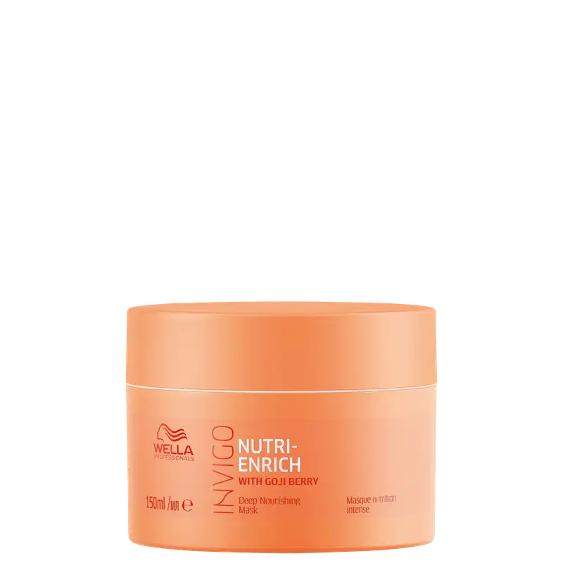 Frasco de máscara capilar Wella Professionals Nutri-Enrich com Goji Berry, embalagem laranja, rótulo com informações sobre o produto e sua função de nutrição intensa.
