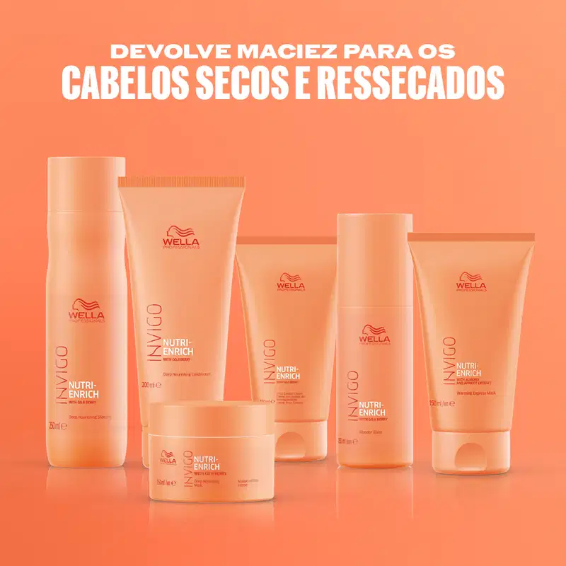 A imagem mostra a linha completa Wella Professionals Invigo Nutri-Enrich e o texto: Devolve maciez para os cabelos secos e ressecados