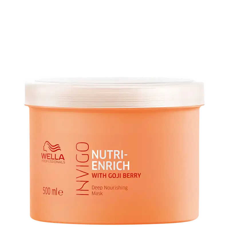 Pote de máscara capilar Wella Professionals Nutri-Enrich com Goji Berry, embalagem laranja com rótulo branco, contendo 500 ml do produto.