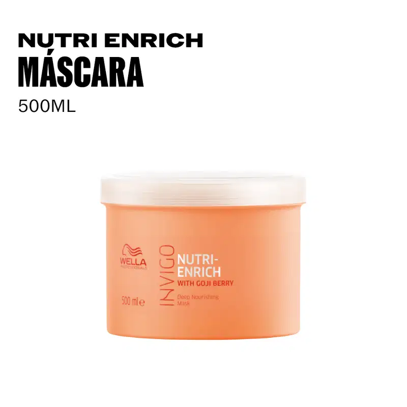 Nutri Enrich Máscara, um produto da marca Wella Professionals, em embalagem de 500ml com tampa, na cor laranja, com texto em preto destacando os ingredientes "Goji Berry" e a descrição "Deep Nourishing Mask".