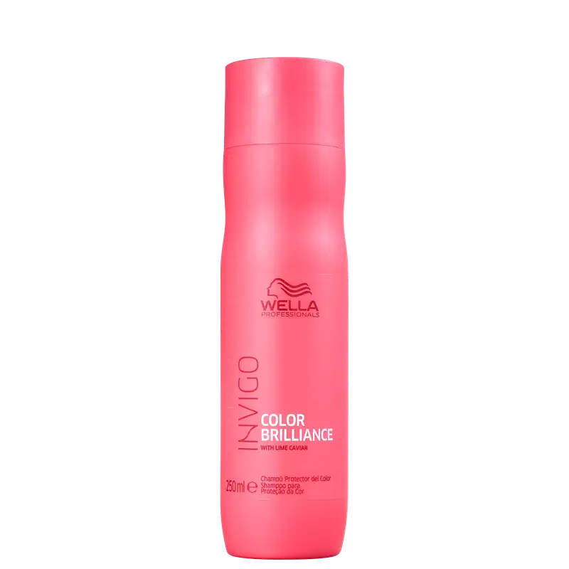 Frasco vermelho linha Color Brilliance da Wella Professionals, com 250 ml de capacidade. O rótulo apresenta o nome da linha e o texto "Shampoo Protetor da Cor".
