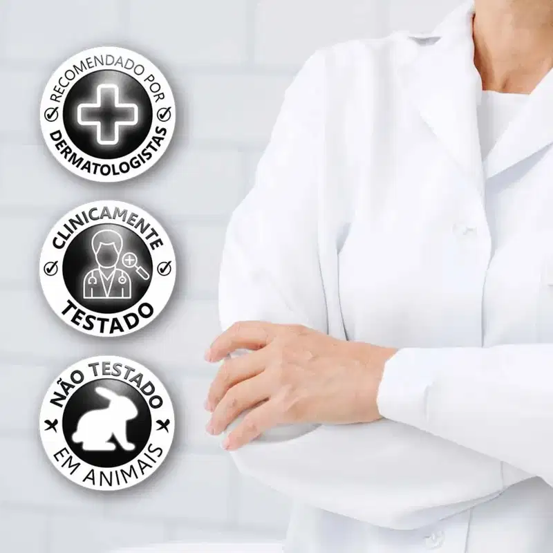O produto apresenta selos de recomendação por dermatologistas e clínicos, indicando que se trata de produtos de saúde e beleza testados e aprovados.