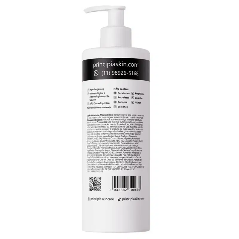 Frasco branco com bomba doseadora contendo produto da marca Principia. Rótulo preto e branco com informações sobre o produto, incluindo ingredientes e contato da empresa.