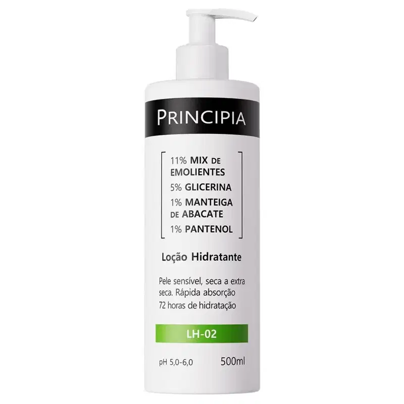 Frasco branco com bomba doseadora contendo loção hidratante da marca Principia.