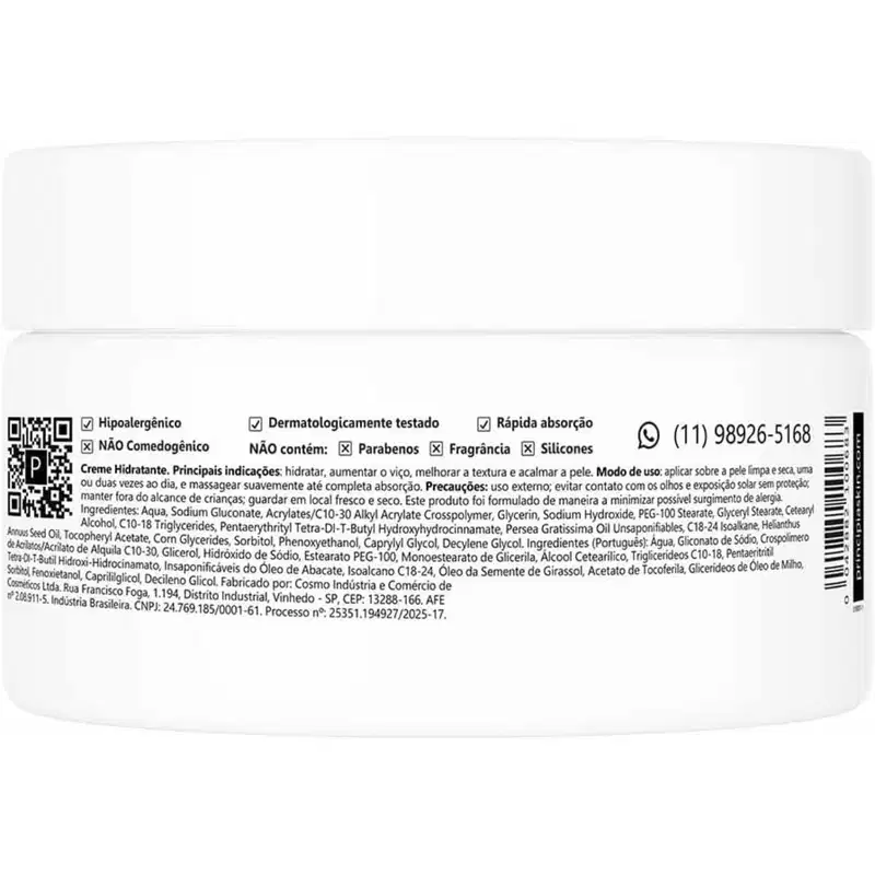 Creme hidratante em embalagem branca com rótulo informando ingredientes, modo de uso e dados do fabricante. Produto dermatologicamente testado, com rápida absorção e sem parabenos, fragrância ou silicones.
