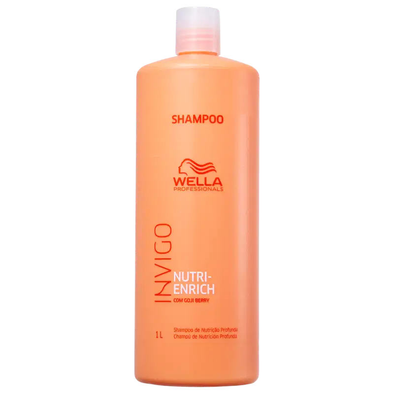 Frasco de shampoo da marca Wella Professionals, com embalagem laranja e branca, contendo a informação "Nutri-Enrich com Goji Berry" e indicando que se trata de um "Shampoo de Nutrição Profunda".