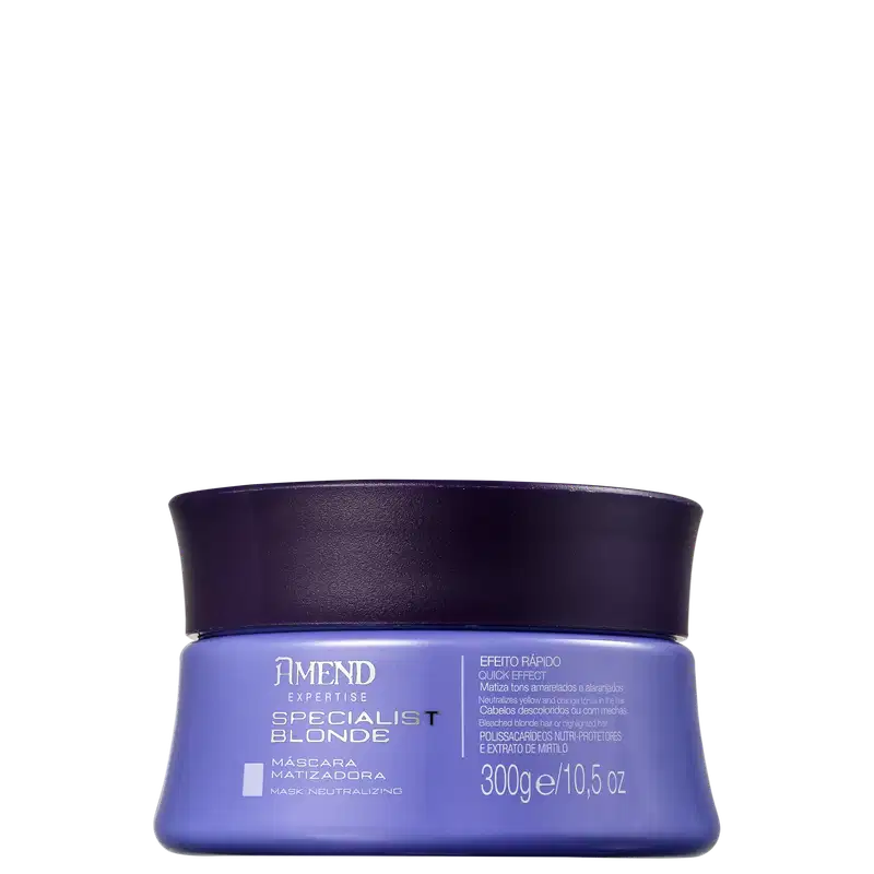 Embalagem de máscara matizadora da linha Specialist Blonde da Amend Cosméticos, em frasco de 300g com rótulo em tons de roxo e azul, destacando o efeito rápido e neutralizador de tons amarelados em cabelos loiros.