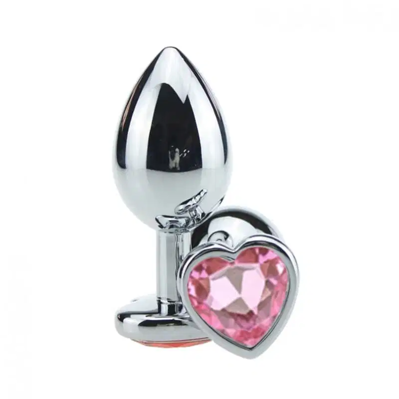 Plug Anal em Metal Grande Base Coração e Cristal Colorido Rosa