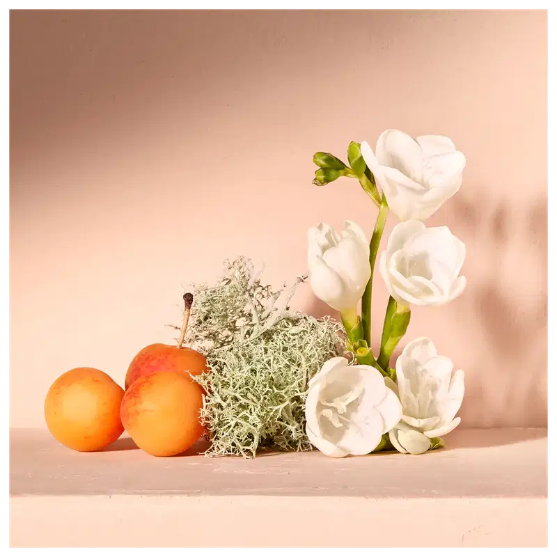 Esta é uma composição com flores brancas, aparentemente rosa. Há também algumas maçãs e possivelmente um ninho ou material orgânico trançado.