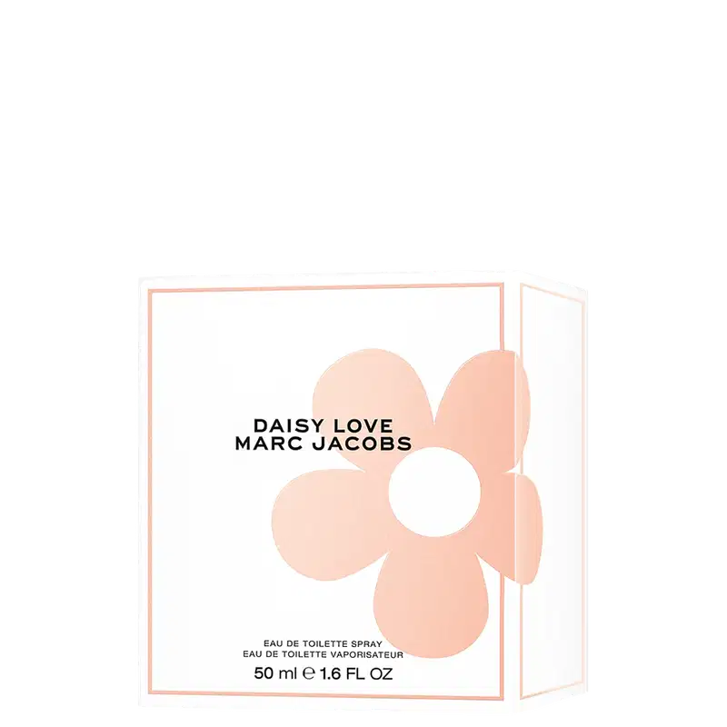 Frasco de perfume Marc Jacobs Daisy Love com flor branca e centro dourado em fundo preto. Embalagem com nome da fragrância em letras pretas.