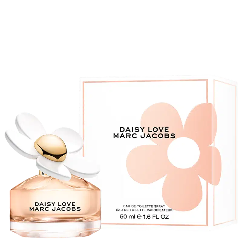 Frasco de perfume Marc Jacobs Daisy Love com flor branca e centro dourado em fundo preto. Embalagem com nome da fragrância em letras pretas.