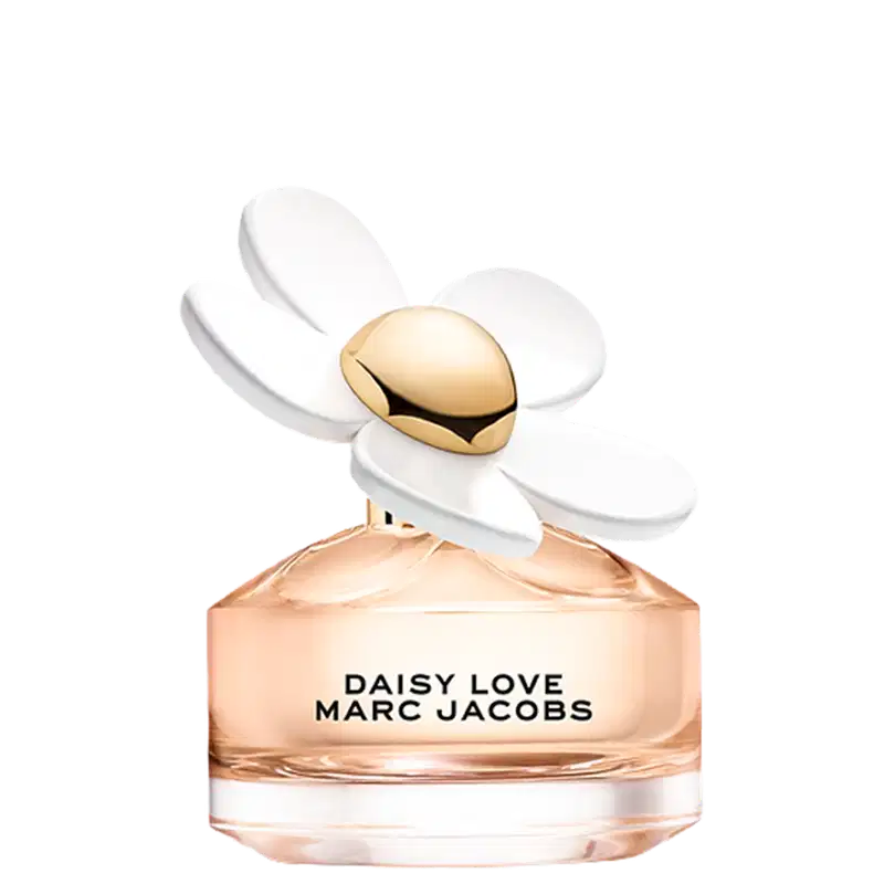 Frasco de perfume Marc Jacobs Daisy Love com flor branca e centro dourado em fundo preto. Embalagem com nome da fragrância em letras pretas.
