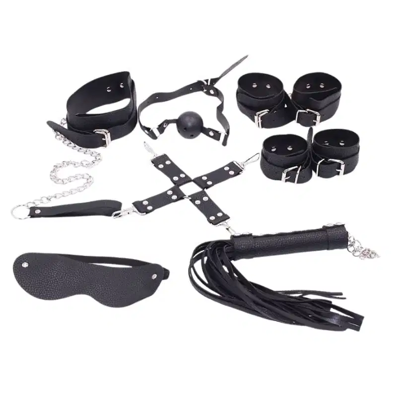 Kit Bondage BDSM 7 Peças c/ Coleira Guia Mordaça Algema Tornozeleira e Chicote