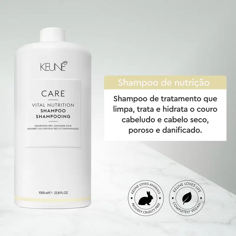 Frasco branco da linha Keune Care Vital Nutrition, contendo shampoo para cabelos secos e danificados. Rótulo com nome do produto e informações sobre o uso.